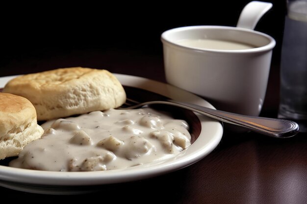 A plate of biscuits and gravy next to a cup of coffee generative AI