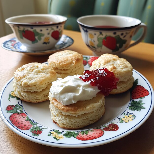 Photo a plate of biscuits with strawberry jam and a cup of tea