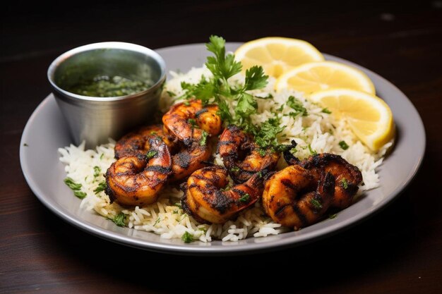 A plate of blackened shrimp with a side of rice Seafood Photos 928jpg