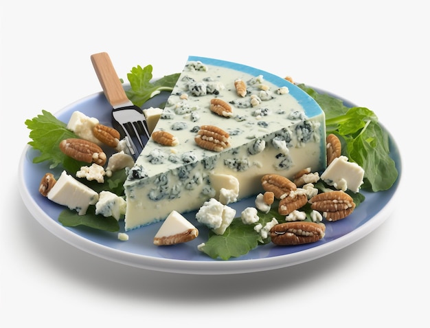 A plate of blue cheese with nuts on it and a knife on it.