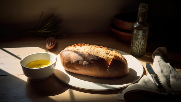 A plate of bread with a bowl of olive oil next to it.