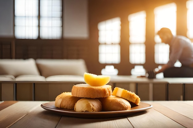 A plate of bread with a lemon slice on top