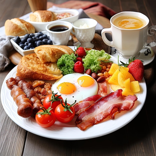 Photo a plate of breakfast food including eggs bacon and fruit