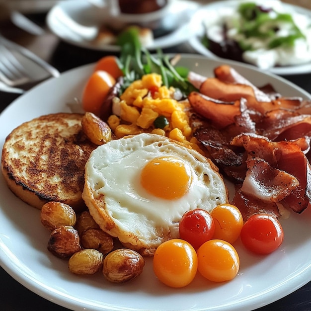 a plate of breakfast food including eggs eggs and bacon