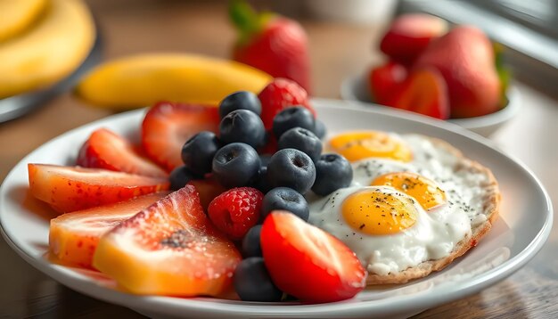 Photo a plate of breakfast food including eggs strawberries and yogurt