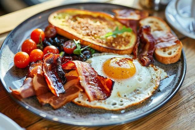 Photo a plate of breakfast food with bacon eggs and bacon