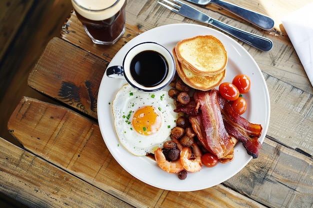 Photo a plate of breakfast food with bacon eggs and bacon