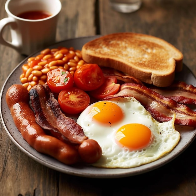 a plate of breakfast food with eggs bacon and toast