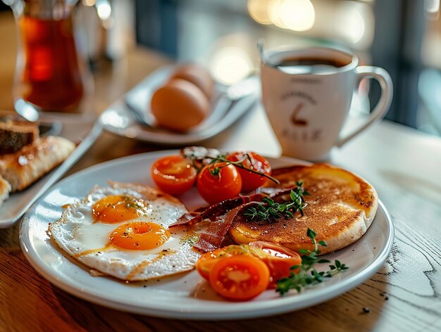 Photo a plate of breakfast food with eggs bacon tomatoes and a cup of coffee