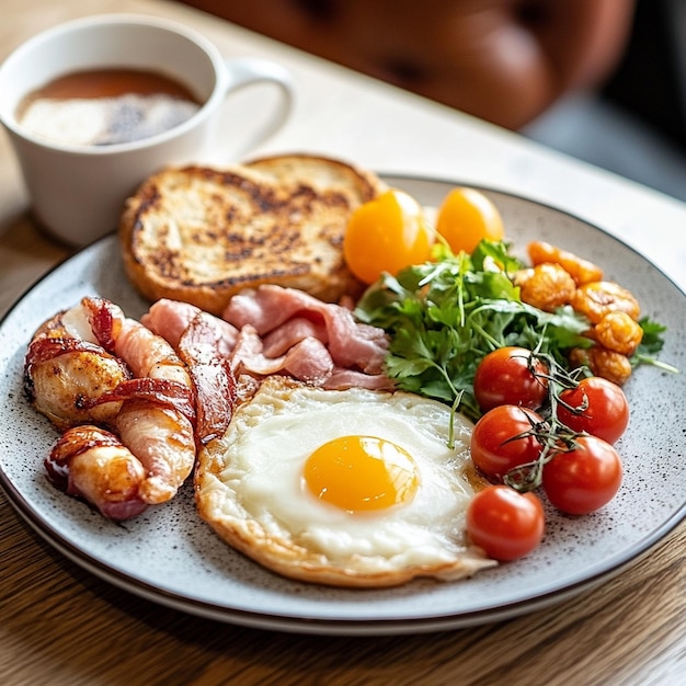 a plate of breakfast food with eggs bacon and tomatoes