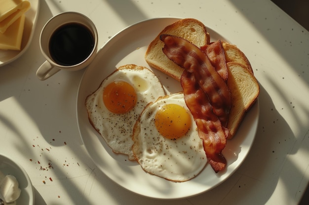 a plate of breakfast food with eggs and bacon