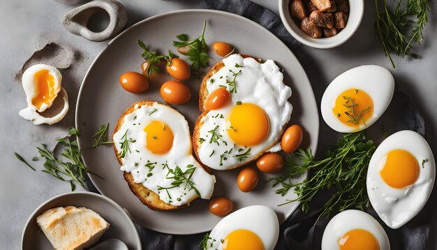 a plate of breakfast food with eggs and bread