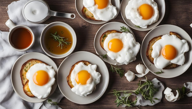 a plate of breakfast food with eggs and a cup of tea