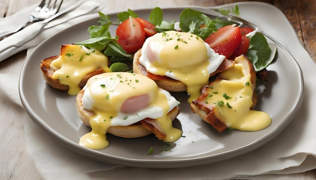 a plate of breakfast food with eggs eggs and a strawberries