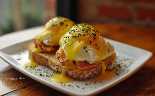 a plate of breakfast food with eggs and ham on it