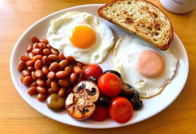 Photo a plate of breakfast food with eggs sausage sausage and beans