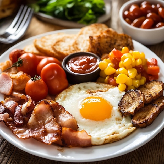 a plate of breakfast food with eggs sausage toast and eggs