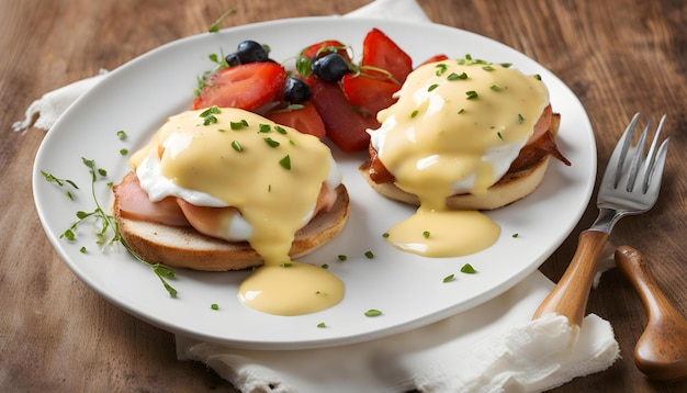 a plate of breakfast food with eggs strawberries and cream