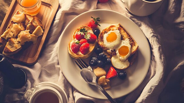 Photo a plate of breakfast food with eggs strawberries and strawberries