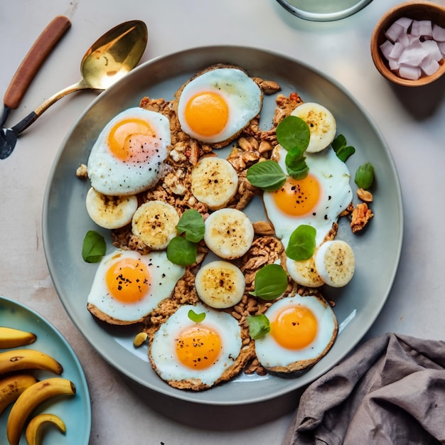 Photo a plate of breakfast foods including eggs banana and coconut