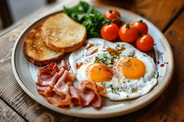 Plate of Breakfast with Eggs Meat and Toast Sizzling Hot