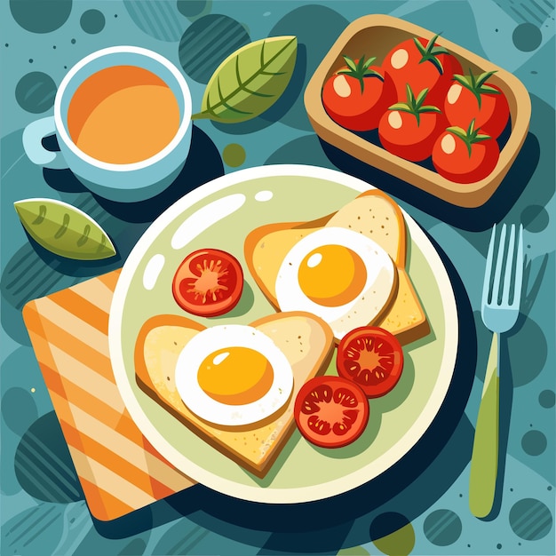 a plate of breakfast with eggs tomatoes and toast