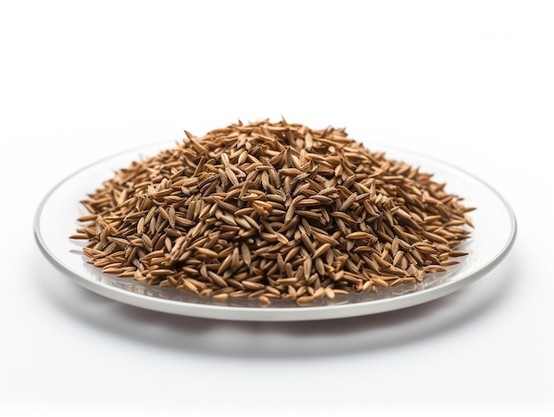 A plate of brown seeds on a white background