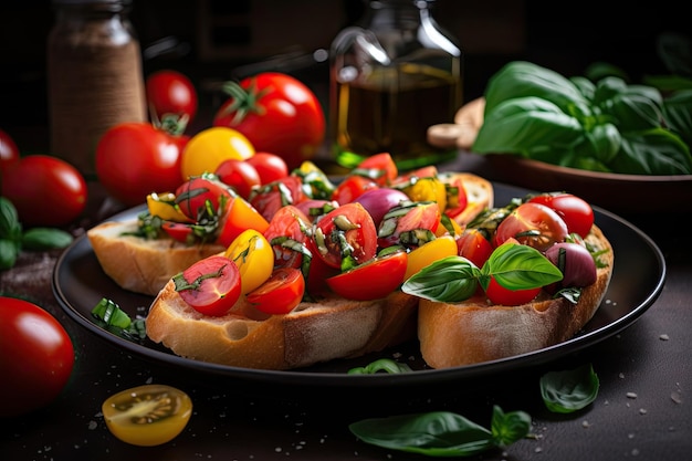 Plate of bruschetta topped with piles of fresh basil tomatoes and olive oil