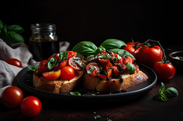 Plate of bruschetta topped with ripe tomatoes basil and drizzle of balsamic vinegar