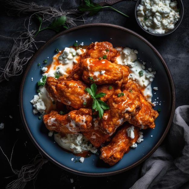 A plate of buffalo wings with blue sauce and a bowl of blue cheese.