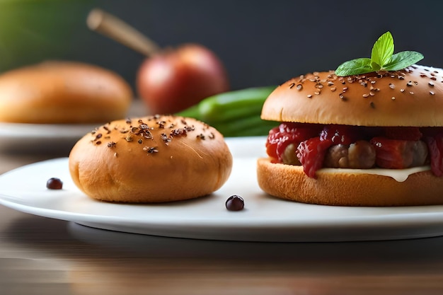 Photo a plate of burgers with a red tomato sauce and a green pepper on it.