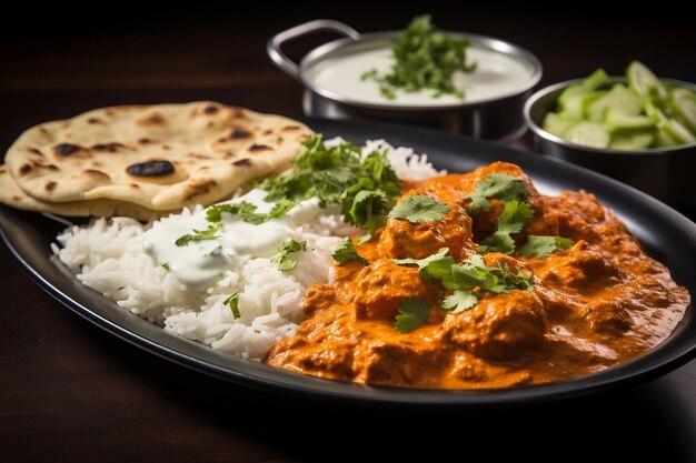 Plate of butter chicken with jasmine rice