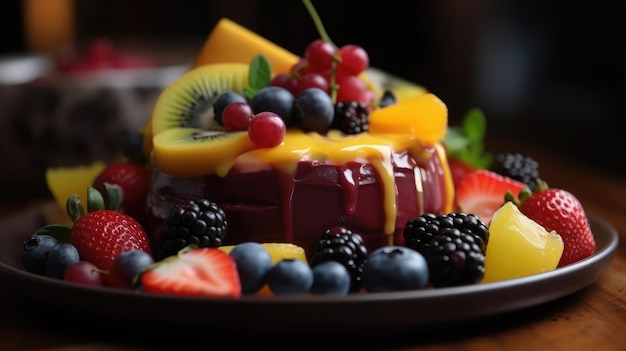 A plate cake topped fruit and berries