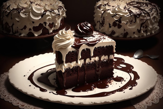 A plate of cake with chocolate icing and a chocolate cake with whipped cream on top.