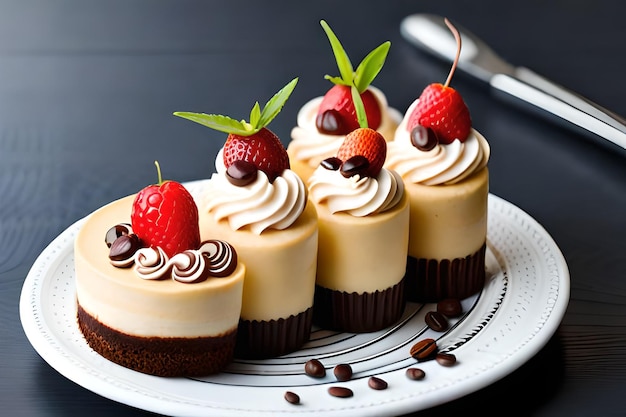 A plate of cakes with cream and strawberries on top