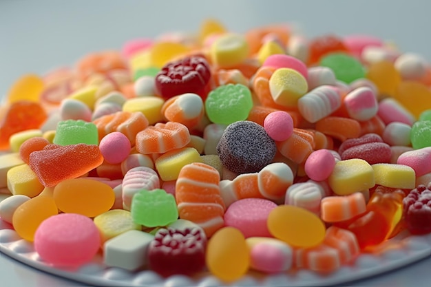 A plate of candy is on a table with a plate that says candy.