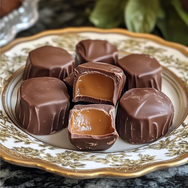 A plate of caramelfilled chocolates with a rich gooey center