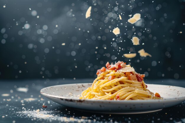 Photo a plate of carbonara with pancetta and parmesan hovering in midair copy space