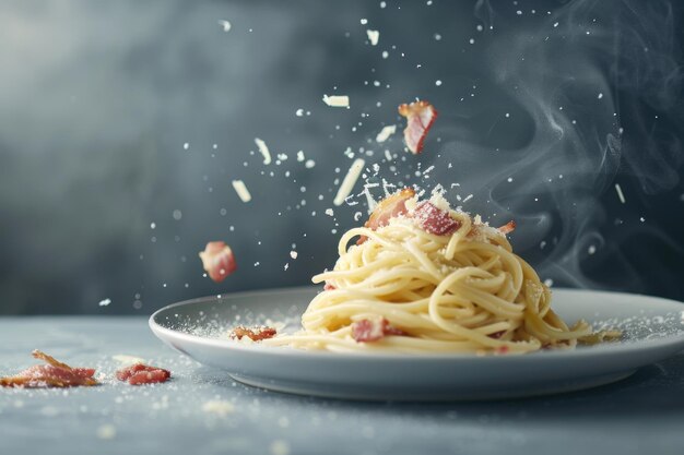 Photo a plate of carbonara with pancetta and parmesan hovering in midair copy space