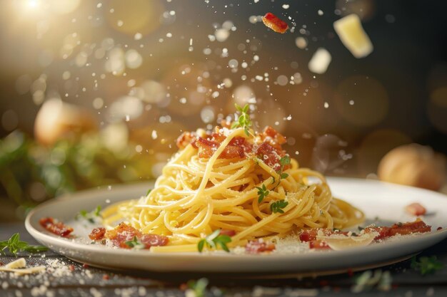 Photo a plate of carbonara with pancetta and parmesan hovering in midair copy space