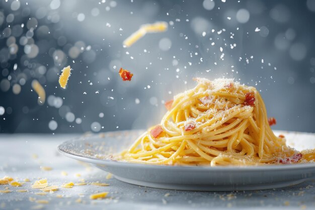 Photo a plate of carbonara with pancetta and parmesan hovering in midair copy space