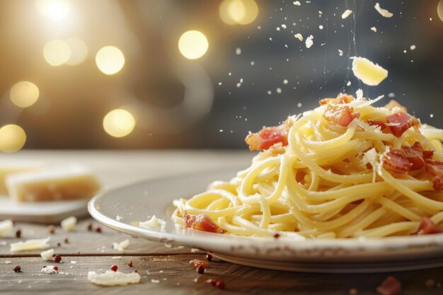 Photo a plate of carbonara with pancetta and parmesan hovering in midair copy space