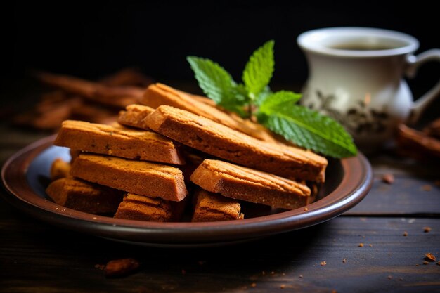 A plate of carrot cake biscotti with a cup of tea