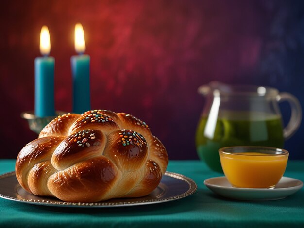 a plate of challah and a bottle of soda next to some bread and a bowl of fruit