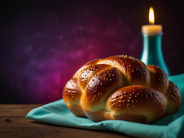 a plate of challah with a glass of water and candles behind them