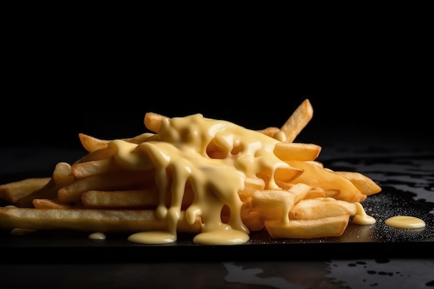 A plate of cheese fries with a black background