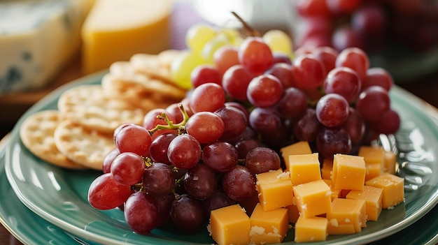 a plate of cheese grapes cheese and crackers are on a table