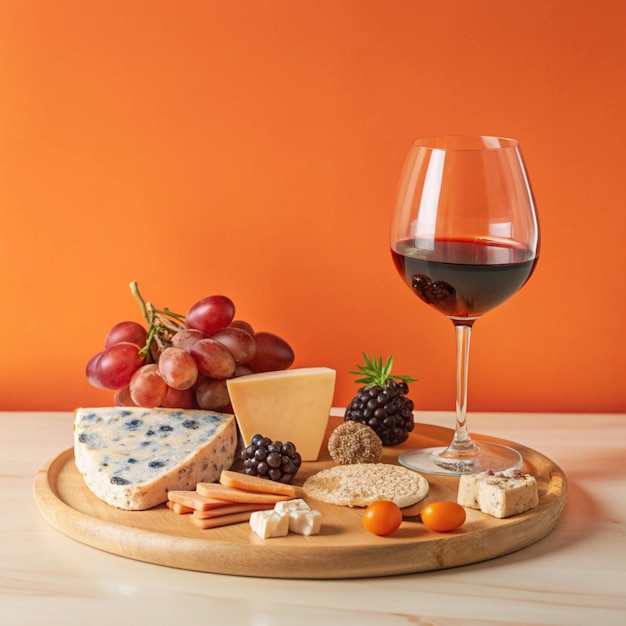 Photo a plate of cheese grapes and a glass of wine