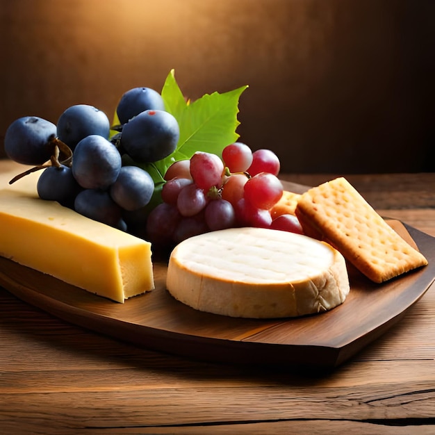 A plate of cheese, grapes, and grapes with a green leaf.