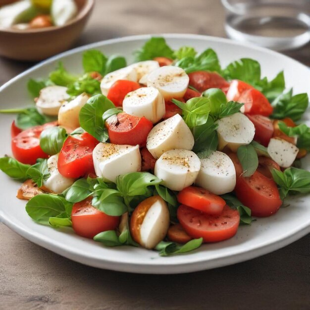 a plate of cheese and mozzarella salad with mozzarella cheese